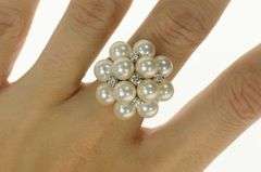 18K White Gold Pearl Diamond Retro Ornate Cluster Cocktail Ring