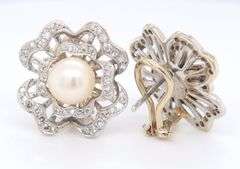 Vintage 14kt White gold single cut diamond flower earrings with 8mm pearl center
