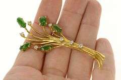 18K Yellow Gold Jade Diamond Retro Tree Statement Pin/Brooch