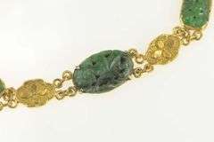 24K Yellow Gold Ornate Carved Chinese Jade Flower Bracelet