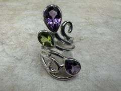 Sterling Silver Natural Gemstone Peridot and Amethyst Ring Size 9
