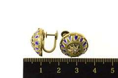 14K Yellow Gold Ornate Diamond Star Enamel Screw Back Earrings