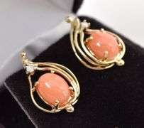 Interesting 14K Yellow Gold Peach Stone and Diamond Stud Earrings