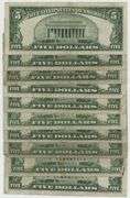 Ten (10) Series of 1934 $5 Blue Seal Silver Certificates in circ