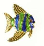 18K Yellow Gold Blue Green Enamel Garnet Eyed Fish Lapel Pin/Brooch