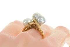 14K Yellow Gold Retro Light Blue Pearl Vine Cluster Cocktail Ring