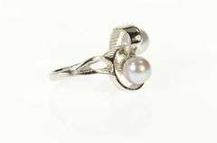 14K White Gold Ornate Pearl Two Stone Retro Statement Ring