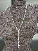 925 Sterling Silver Bead Chain Cross Rosary Necklace Catholic Jewelry