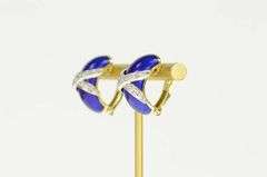 18K Yellow Gold Blue Enamel Diamond Criss Cross Statement Earrings