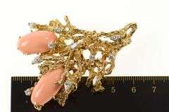 14K Yellow Gold 1960's Coral Diamond Floral Statement Pendant/Pin