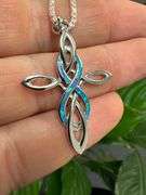 925 Sterling Silver Fashion Blue Synthetic Opal Cross Pendant Celtic Infinity Charm