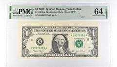 PMG 64 Choice Unc EPQ $1 2003 FRN Dallas Fr#1929-K Misalignment Error