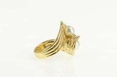 14K Yellow Gold 6.8mm Retro Pearl Wavy Curvy Bypass Cocktail Ring