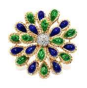Vintage Italian Enamel and 0.08ctw Pave Diamond Brooch in 18K