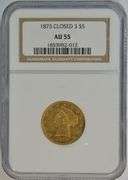Scarce Near Mint 1873 (Closed 3) $5 Liberty Gold Piece. NGC AU55