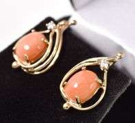 Interesting 14K Yellow Gold Peach Stone and Diamond Stud Earrings