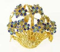 18K Yellow Gold Turquoise Enamel Flower Bouquet Basket Pin/Brooch