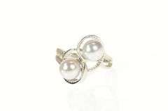 14K White Gold Ornate Pearl Two Stone Retro Statement Ring