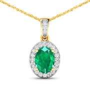 14KT Yellow Gold 1.00ct Zambian Emerald and Diamond Pendant with Chain