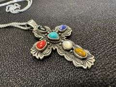 Sterling Silver Polished Black Agate Turquoise Abalone Pendant Cross Charm 925