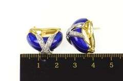 18K Yellow Gold Blue Enamel Diamond Criss Cross Statement Earrings