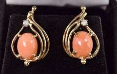 Interesting 14K Yellow Gold Peach Stone and Diamond Stud Earrings