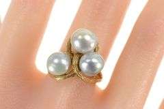 14K Yellow Gold Retro Light Blue Pearl Vine Cluster Cocktail Ring