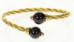 18K Yellow Gold Retro Black Onyx Ruby Twist Bangle Bracelet