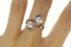 14K White Gold Ornate Pearl Two Stone Retro Statement Ring