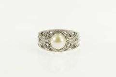 10K White Gold Pearl Filigree Diamond Scroll Engagement Ring