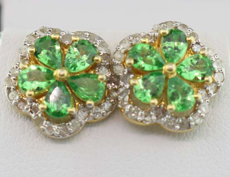 14kt Gold Plated Sterling Silver & Emerald Earrings edged with Diamonds