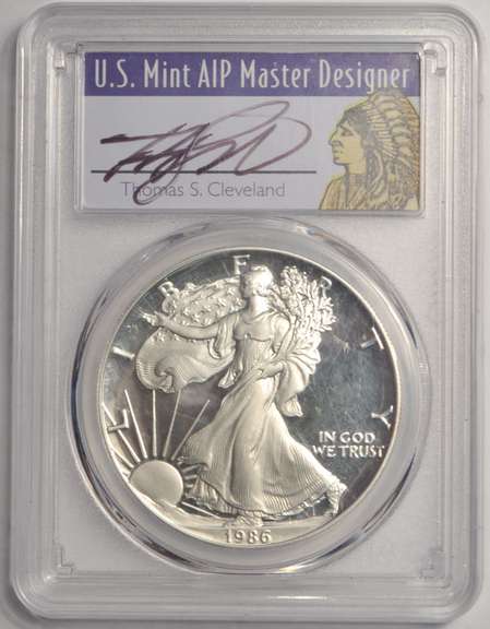 1986-S Proof American Silver Eagle PCGS PR69DCAM Thomas S. Cleveland Signature Label.