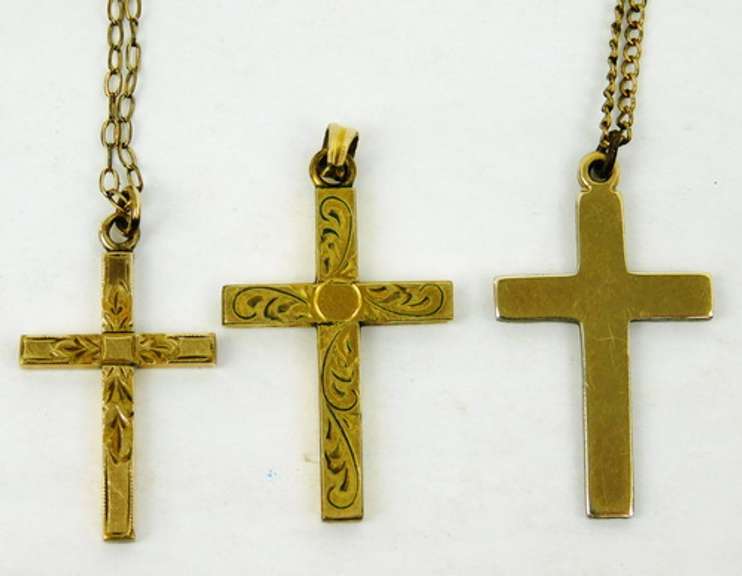 3 Vintage Gold Filled Cross Necklaces