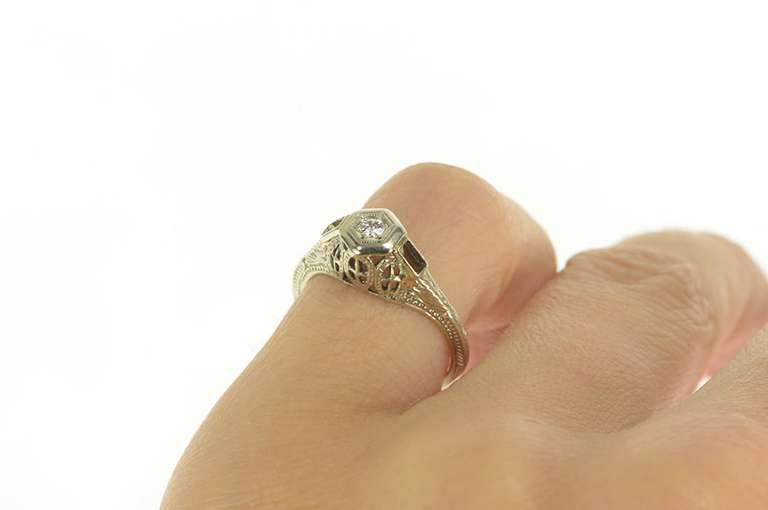 18K White Gold Art Deco Diamond Filigree Baguette Engagement Ring