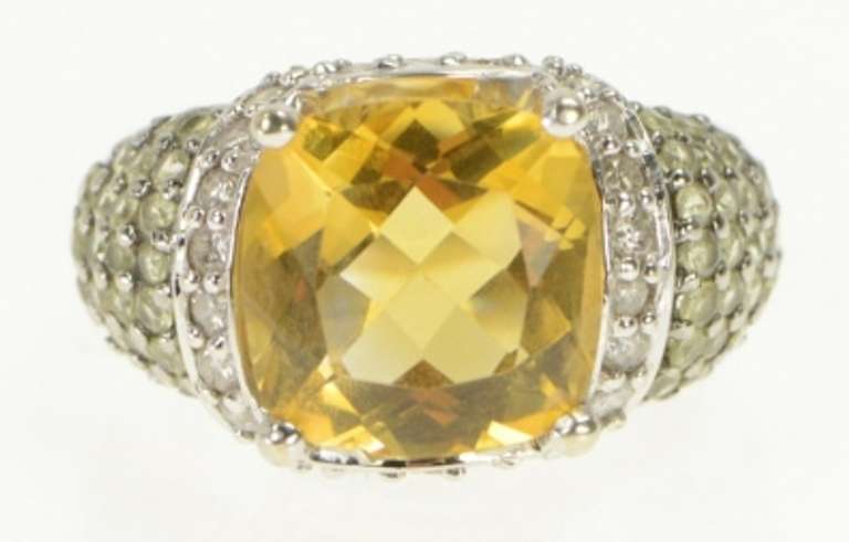 14K White Gold 4.30 Ctw Cushion Citrine Diamond Statement Ring