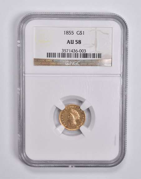 AU58 1855 $1 Indian Princess Head Gold Dollar Piece NGC
