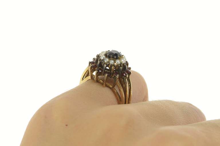 14K Yellow Gold Sapphire Seed Pearl Garnet Halo Cocktail Ring