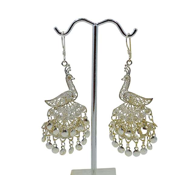 Vintage Articulated 925 Sterling Silver Filigree Peacock Movable Dangle Drop Earrings