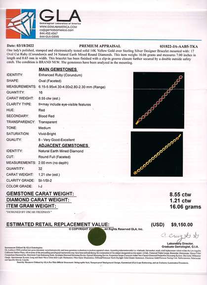 Stunning 8.55CTW Oval Cut Ruby Bracelet & 1.21CTW Diamond in Gold Plated Sterling Silver