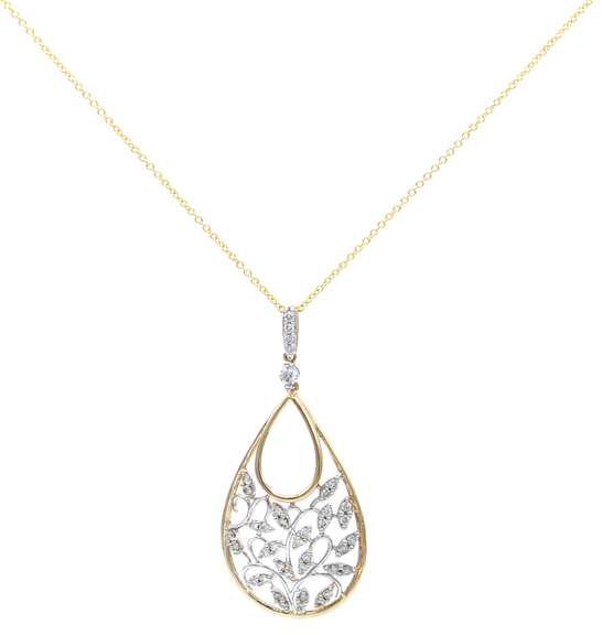 0.35ctw Diamond Two Tone Leaf Teardrop Shaped Pendant Necklace in 14K