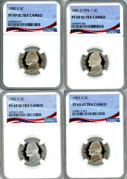 4 High Grade Proof Jefferson Nickels in NGC PF69 Ultra Cameo