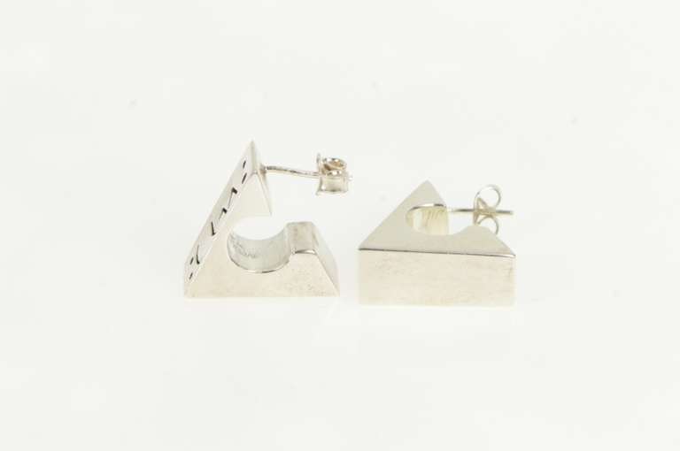 Sterling Silver Squared Geometric Pattern Triangle Hoop Earrings