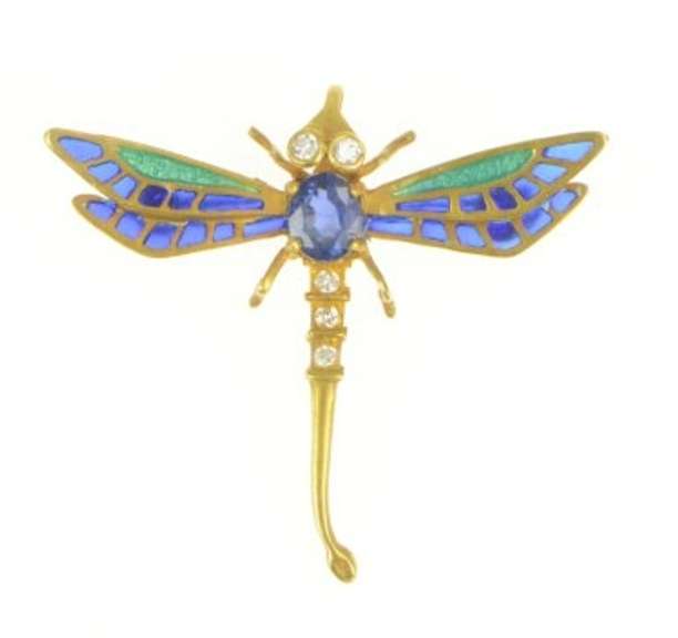 14K Yellow Gold 0.50 Ctw Sapphire Diamond Enamel Dragonfly Pin/Brooch