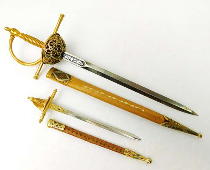 2 Vintage Leather Damascene Sword Letter Openers