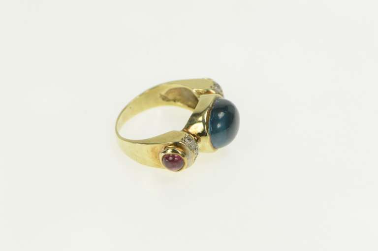 14K Yellow Gold 1930's 4.00 Ctw Blue Topaz Tourmaline Diamond Ring