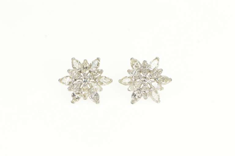 14K White Gold 3.00 Ctw 1950's Diamond Flower Snowflake Earrings