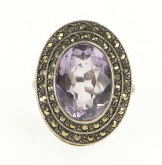 Sterling Silver Retro Oval Amethyst Marcasite Halo Cocktail Ring