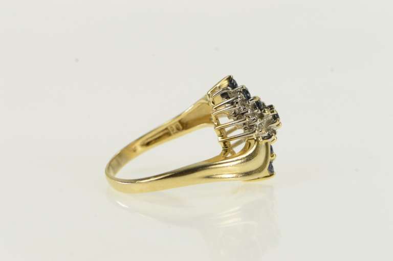 14K Yellow Gold Sapphire Wave Diamond Cluster Vintage Bypass Ring