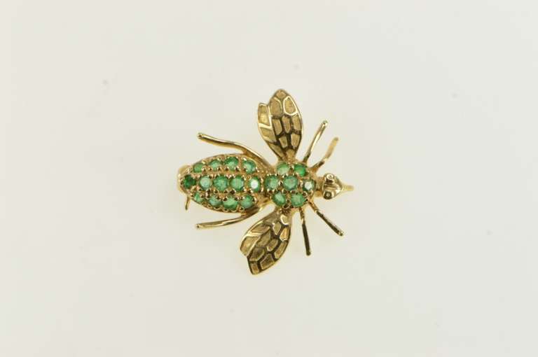 14K Yellow Gold Retro Bee Pave Emerald Fly Bug Pin/Brooch