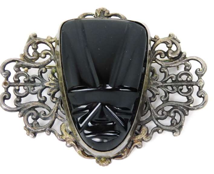 Big Vintage Black Onyx Face Mask Brooch
